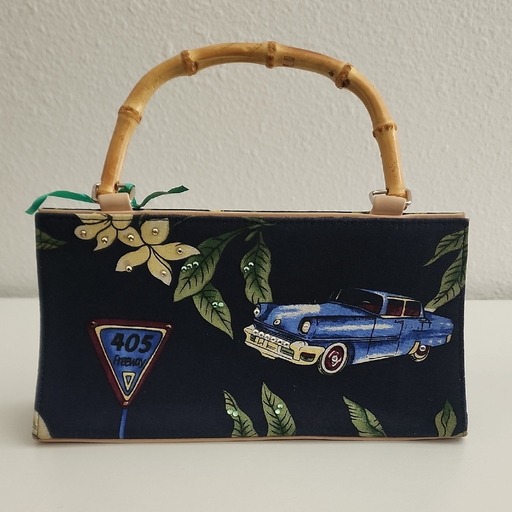 Tropical Print Handbag with Bamboo Handle. (vintage blue car). Never Used.